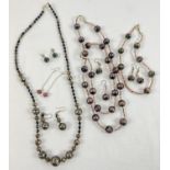 3 Venetian glass sets of jewellery. 2 necklaces with matching drop earrings, in black & pink