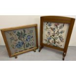 2 mid century light wood framed tapestry fire screens, one glazed. With floral designed panels.