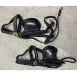 2 pairs of vintage leather horse blinkers/blinders with brass fixings and embossed detail.