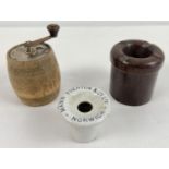 2 vintage inkwells together with a Marlux wooden barrel nutmeg grinder. Ceramic inkwell marked "Mann
