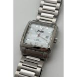 A men's wristwatch with stainless steel strap by Jeep. Square silver tone case with white face and