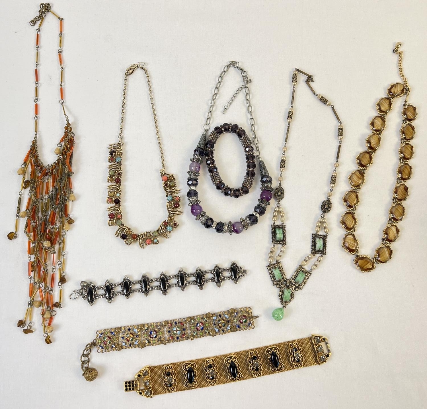 A collection of vintage stone, glass and natural stone set costume jewellery necklaces and