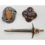 3 vintage stone set brooches by Miracle. To include a sword shaped brooch set with a single pale