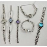 5 bracelet strap ladies quartz watches to include marcasite set. 3 watches have colour block faces