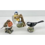 3 R & J Mack ceramic bird figurines - Blue Tit, Robin and Pied Wagtail. Boxed, all with stamped