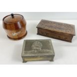 3 mid century wooden & metal lidded boxes. A carved wooden trinket box with bird design and black