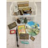 A box of assorted misc vintage items to include pictures, bottles, boxed harmonica, wooden items and