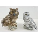 2 large R & J Mack ceramic owl figurines - Eagle Owl & Snowy Owl. Boxed, both with stamped crown