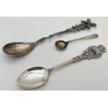 3 vintage silver spoons. 2 continental collectors spoons, both marked 90, and a mustard spoon