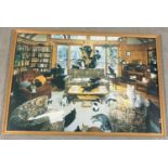 A large vintage wooden framed photographic print of cats in a living room. Frame size approx. 68.5cm
