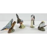 4 R & J Mack ceramic bird figurines - Longtailed Tit, Nuthatch, Goldcrest and a Dartford Warbler.