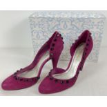 A pair of boxed Head Over Heels "Archway" open pink/red suede heeled shoes with black bead detail to