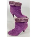 A pair of purple suede and metallic leather heeled ankle boots (size 40). One heel needs new cap.