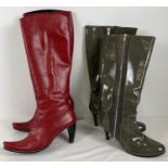 2 pairs of ladies heeled knee length boots. A pair in red faux leather (size 40) together with a