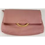 A pale pink leather clutch bag by Lulu Guinness with lips motif and gold hardware. External back