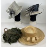 4 ladies occasion hats to include green and pheasant feather hat, a blue and cream hat with floral