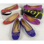 3 pairs of ladies flat ballerina style shoes. A purple suede pair with flower detail by Jones The