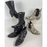 3 pairs of faux leather and faux suede ladies boots. A pair of snake skin block heel boots (size 6.