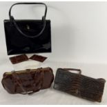 3 vintage handbags. A small brown crocodile leather grab bag with matching mirror and coin purse