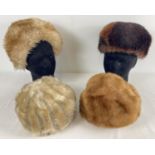 4 vintage 1960's fur and faux fur hats in varying colours.