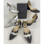 3 pairs of ladies leather shoes. A pair of black leather wedge heel ankle strap shoes by