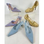 3 pairs of ladies evening shoes and sandals. A pair of pale gold satin heeled sandals (size 6), a