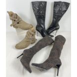 3 pairs of ladies boots. A pair of stretch denim boots with gold floral pattern (size 6), a pair