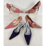 3 pairs of branded ladies heeled shoes. A pair of purple shot satin mules by Laura Ashley, a pair of