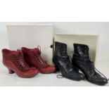 2 pairs of Victorian style, button front, lace up, heeled ankle boots. A pair of red leather boots