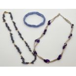 3 items of semi-precious stone jewellery. A silver and amethyst bead modern design necklace with