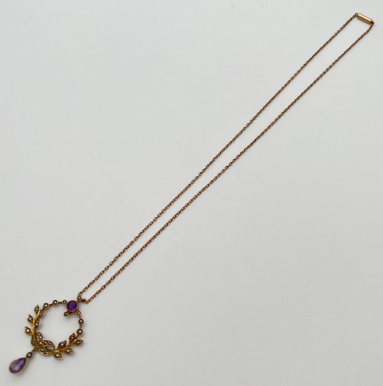 An Art Nouveau 9ct gold necklace set with amethysts and seed pearls, in original silk and velvet - Image 4 of 4