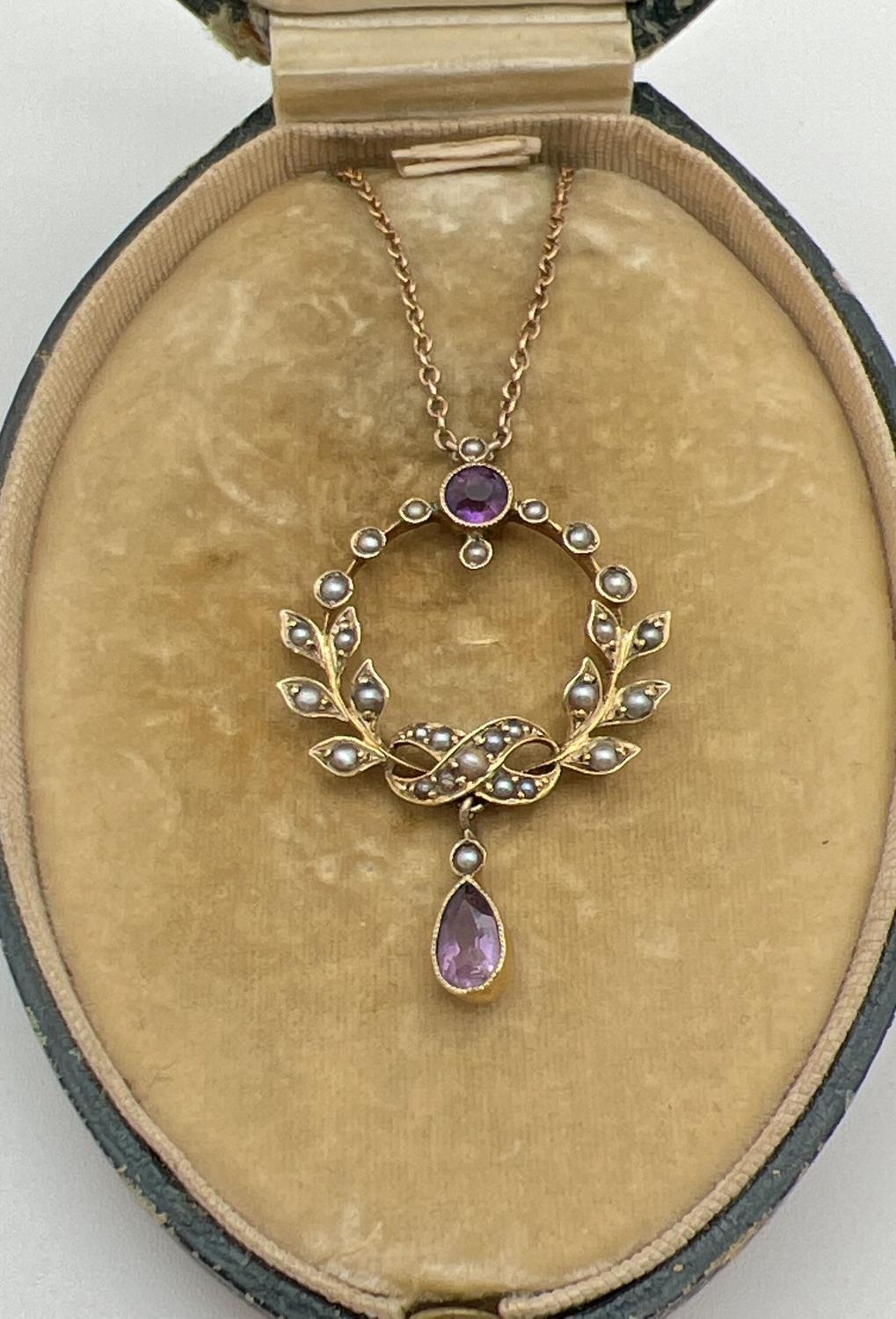 An Art Nouveau 9ct gold necklace set with amethysts and seed pearls, in original silk and velvet - Image 2 of 4