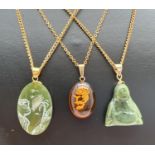 3 semi-precious stone costume jewellery pendant necklaces. An oval green jade pendant with carved