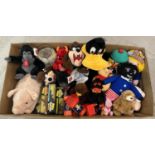 A large box of assorted vintage soft and collectable toys. To include: Coca Cola plush toys, boxed