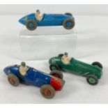 3 1950's Dinky Toys diecast racing cars, in play worn condition. Comprising: #230 Talbot Lago in