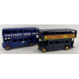 2 blue painted modern tin plate model double decker buses. Matchbox Toys decal to one, Foster's Good