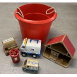 A large red carry tub of assorted vintage plastic toys. To include Flair Toys Sylvanian Families