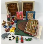 A box of assorted wooden toys and games. To include: dolphin marble run toys, collapsible animal