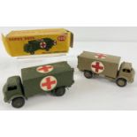 2 vintage Dinky Toys #626 Military Ambulance diecast vehicles. Dark khaki green complete with box