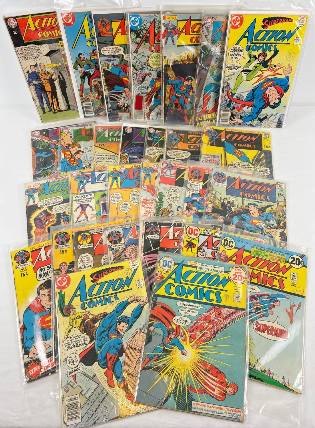 31 vintage issues of Action Comics comic books by DC Comics. Issues dating from 1965-1977.