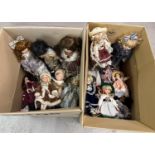 2 boxes containing 30 assorted collectors dolls with ceramic heads, hands & feet. On stands, one