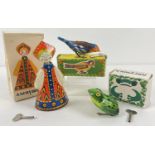 3 vintage Russian tin plate wind up clockwork toys, complete with keys and boxes. All in working