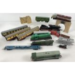 A box of assorted model railway locos, coaches, parts and accessories. To include: Hornby Dublo,