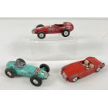 3 early 1960's Corgi diecast cars, in playworn condition. #150s Vanwall Racing car in red with