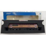 A boxed Dapol N Gauge 2D-004-005 EW & S 56089 maroon and gold Class 56 locomotive. Complete with