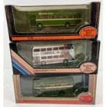 3 boxed Exclusive First Editions 1:76 scale die cast model buses by Gilbow. Bristol FLF Lodekka