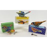 3 small vintage Russian tin plate wind up clockwork toys birds, complete with keys & boxes. All in
