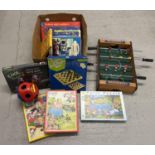 A box of assorted vintage & more modern toys, books and games. To include: 2 wooden Victory jigsaw