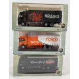 3 boxed 1:76 scale advertising haulage lorries by Oxford. Volvo FH Curtainside Marstons, Scania 94 6