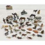 A collection of vintage lead farm animals, zoo animals, figures and accessories. To include: